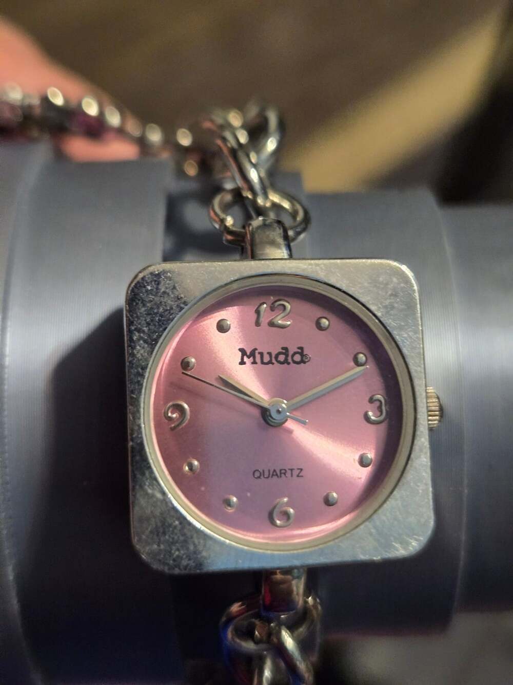 Vintage Mudd Silver-Tone Square Pink Face Quartz Watch WORKS